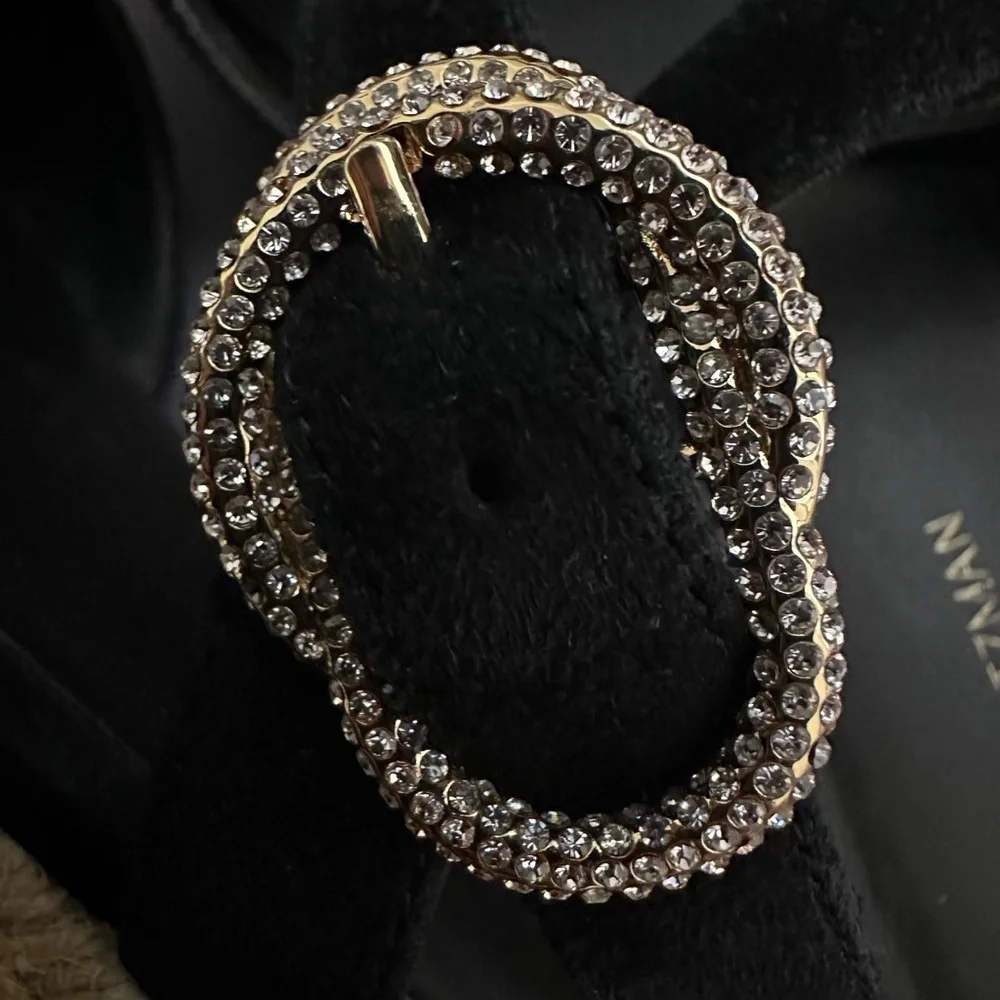 Stuart Weitzman Black Espadrille Slides with Crystals Buckle